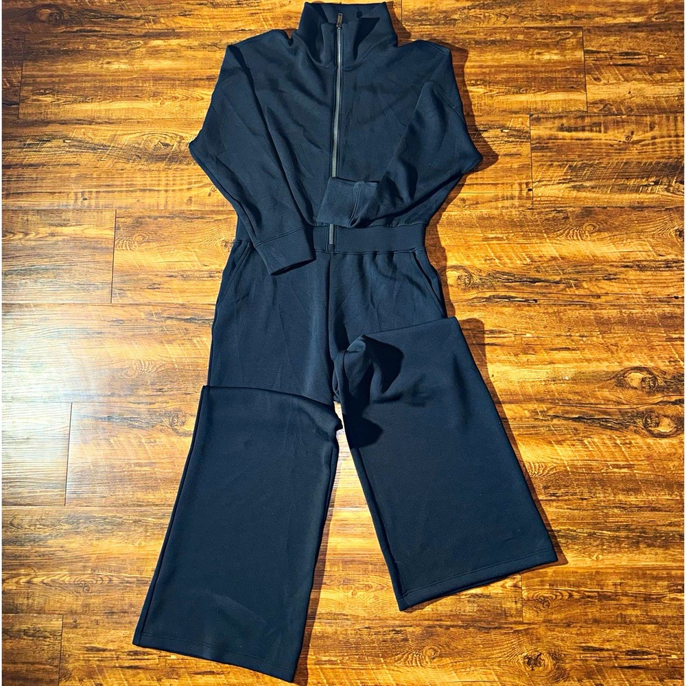 SPANX AireEssentials Black High Neck Long Sleeve Wide Leg Jumpsuit Large Womens